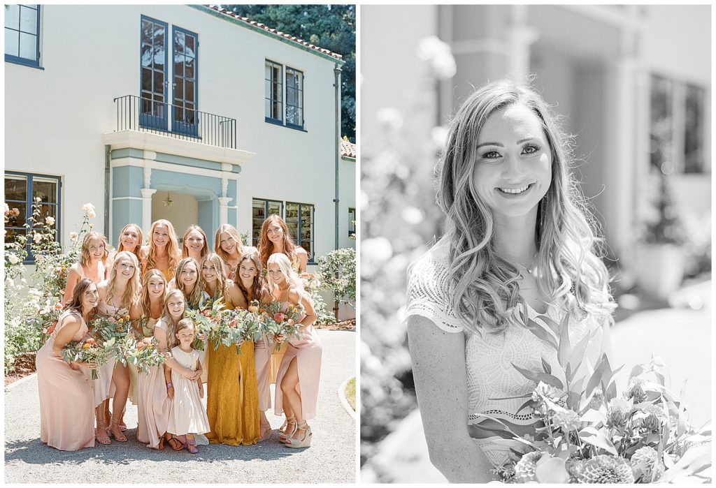 bridesmaids in shades of pink and yellow