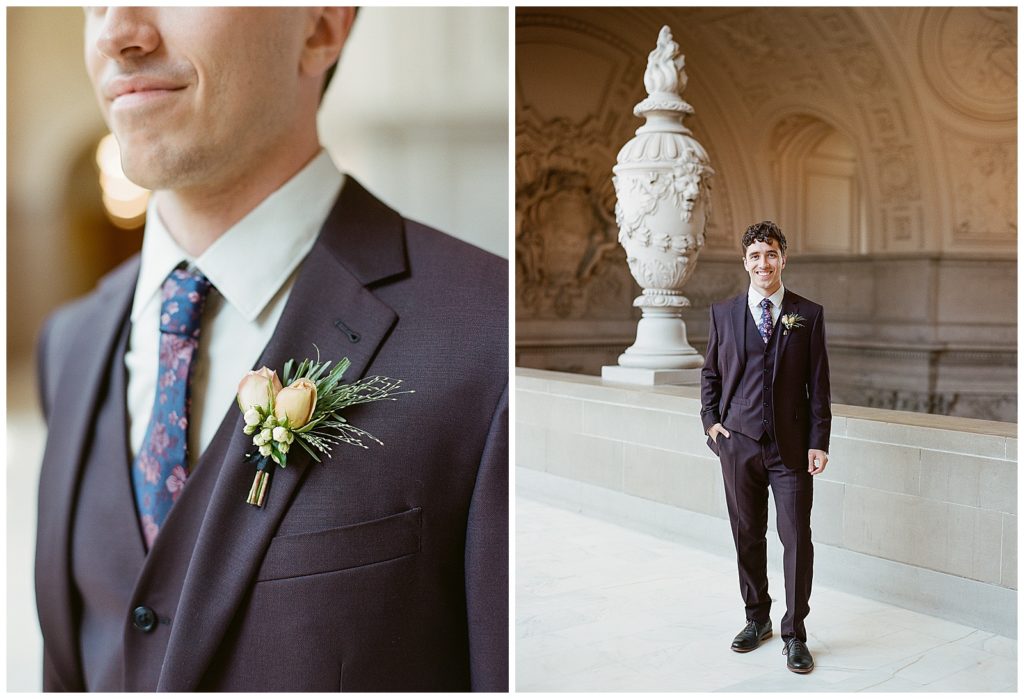 groom in plum suit for SF City Hall Wedding