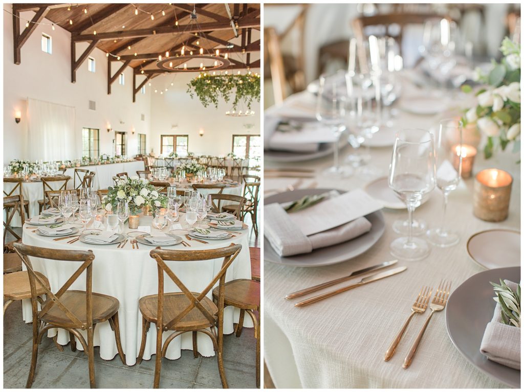 white, gray and green wedding reception at Viansa with wooden crossback chairs