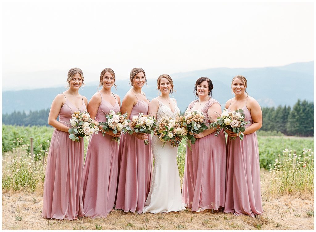 bridesmaids in mauve Gorge Crest Vineyards