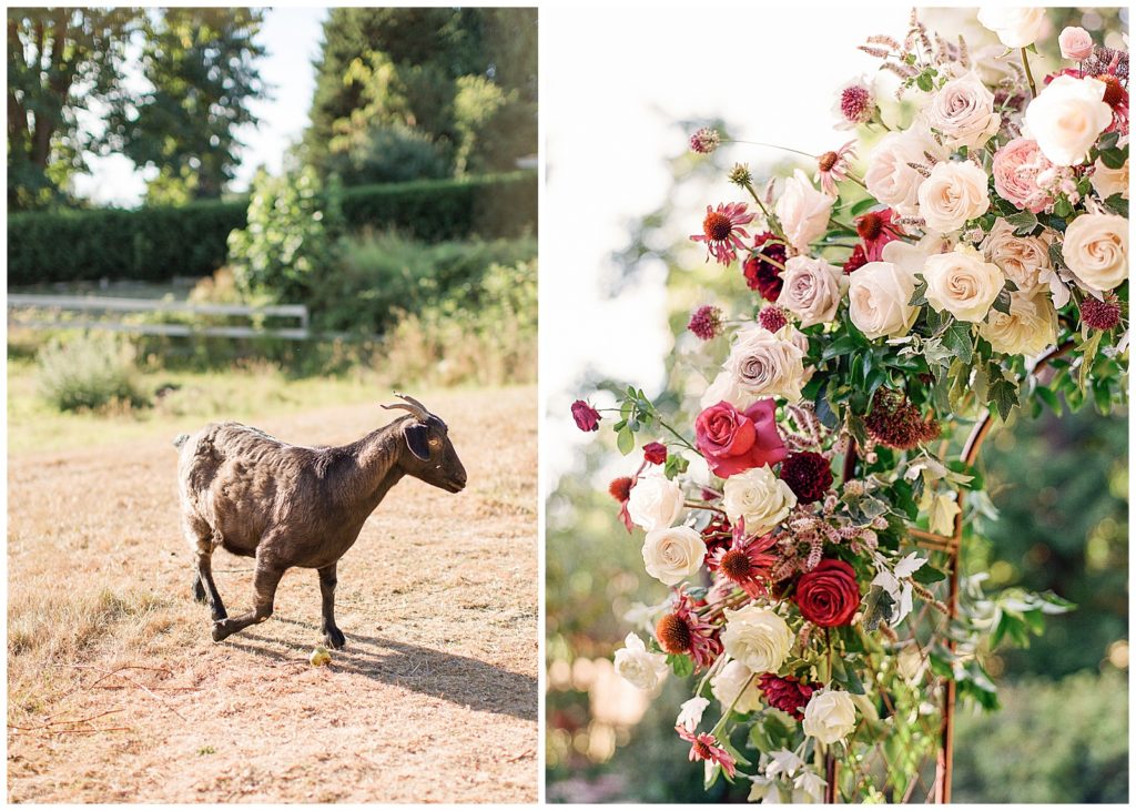 Intimate wedding at Chateau Lill with maroon and white flowers