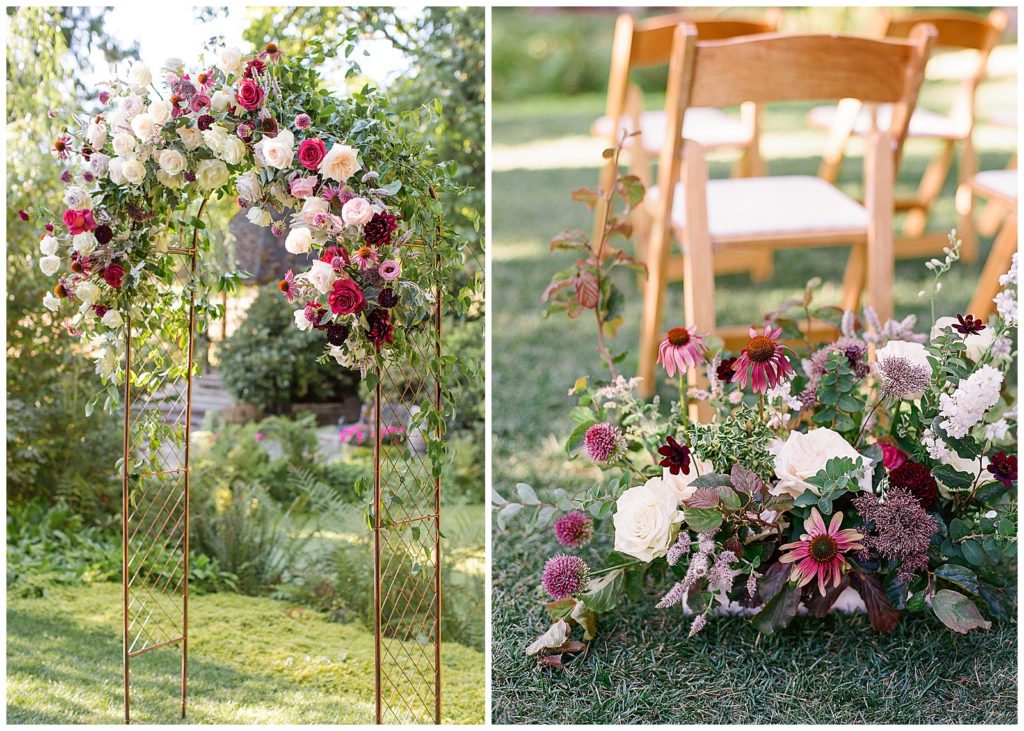 Intimate wedding at Chateau Lill with maroon and white flowers