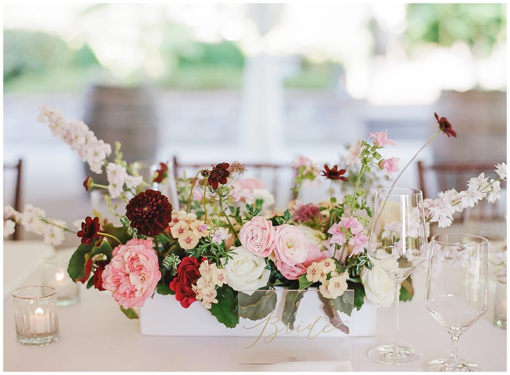 pink red and white wedding reception at Chateau Lill