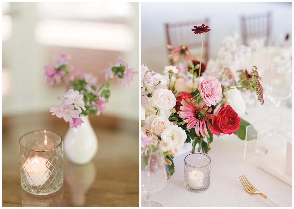 pink red and white wedding reception at Chateau Lill