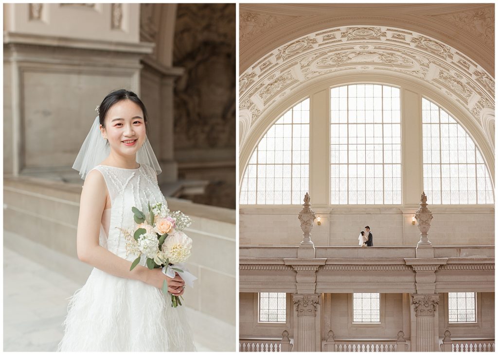 bride in feather dress for sf city hall wedding