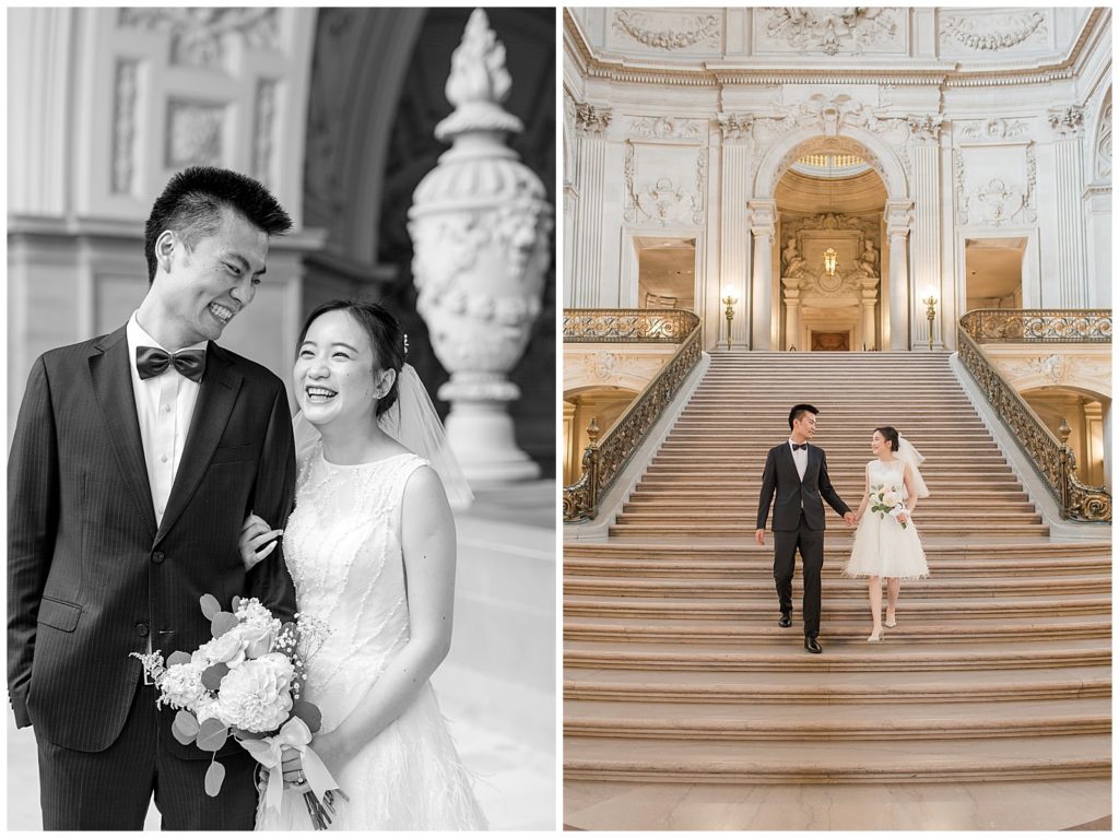 couple on the grand staircase for SF City Hall wedding