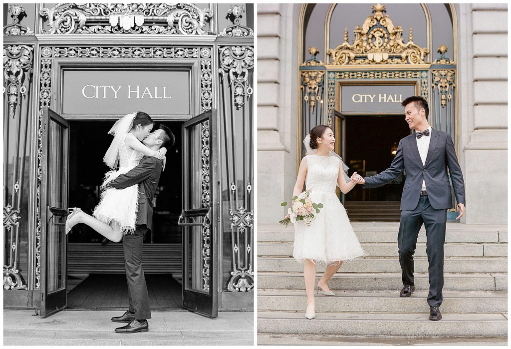 Couple exiting SF City hall after wedding