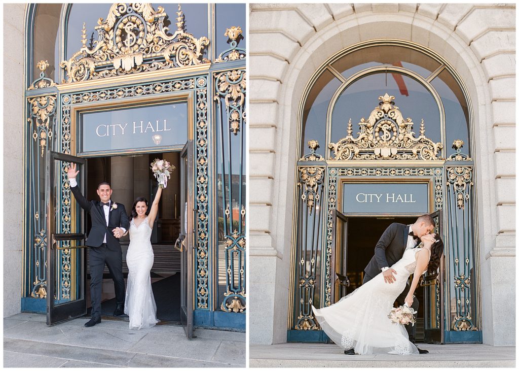 Couple exiting SF City hall after eloping