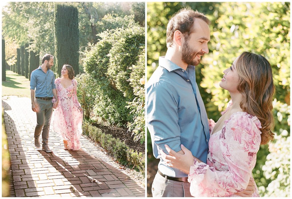 engagement photos with pink floral dress at Filoli