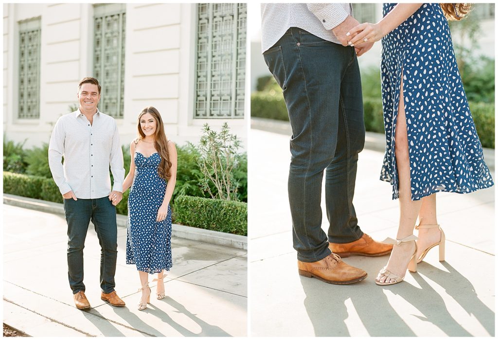 Griffith Observatory engagement photos with blue polkadot dress