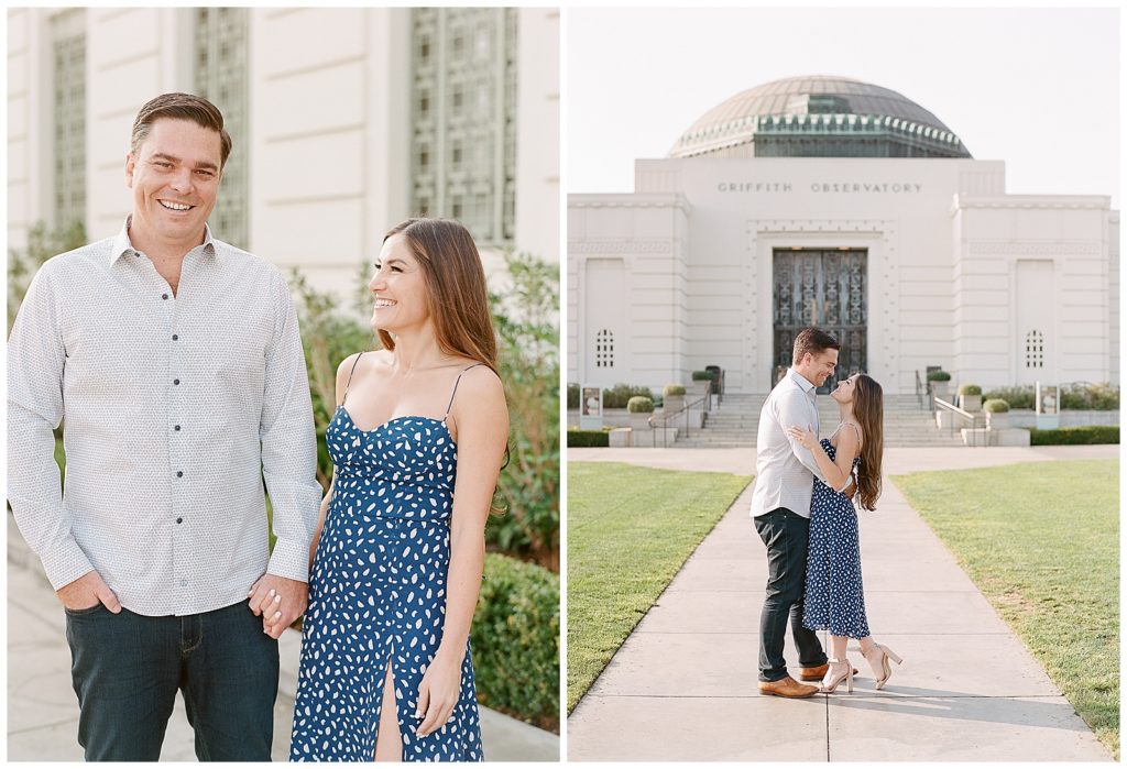 Griffith Observatory engagement photos with blue polkadot dress