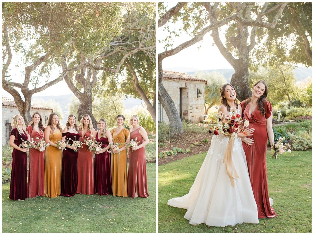 Fall wedding colors velvet bridesmaids dresses