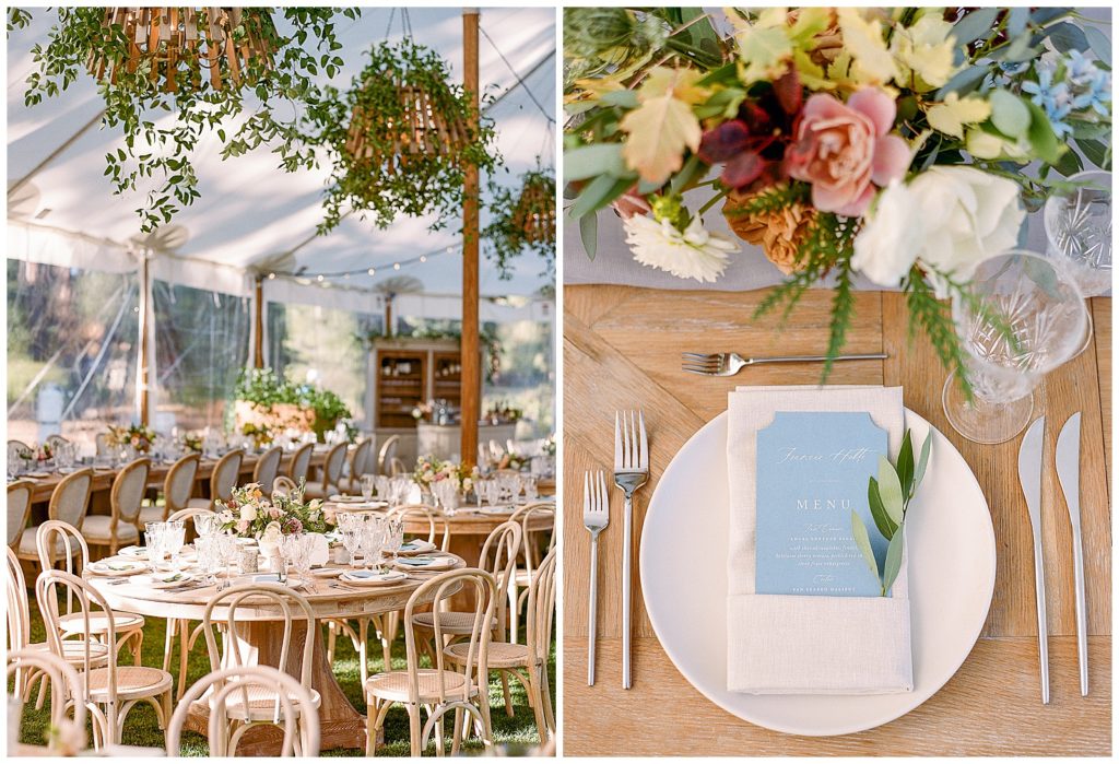 Wedding reception by the family barn at Martis Camp with Stems by Diana and Audere Events