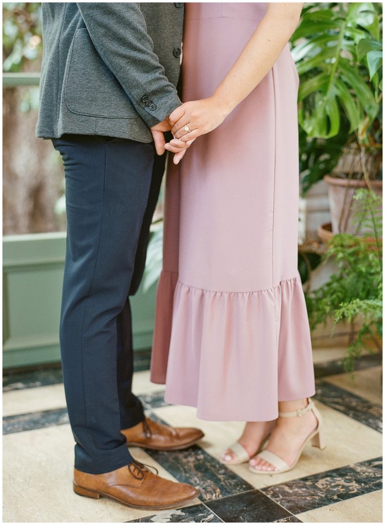 Filoli engagement photos with rose dress