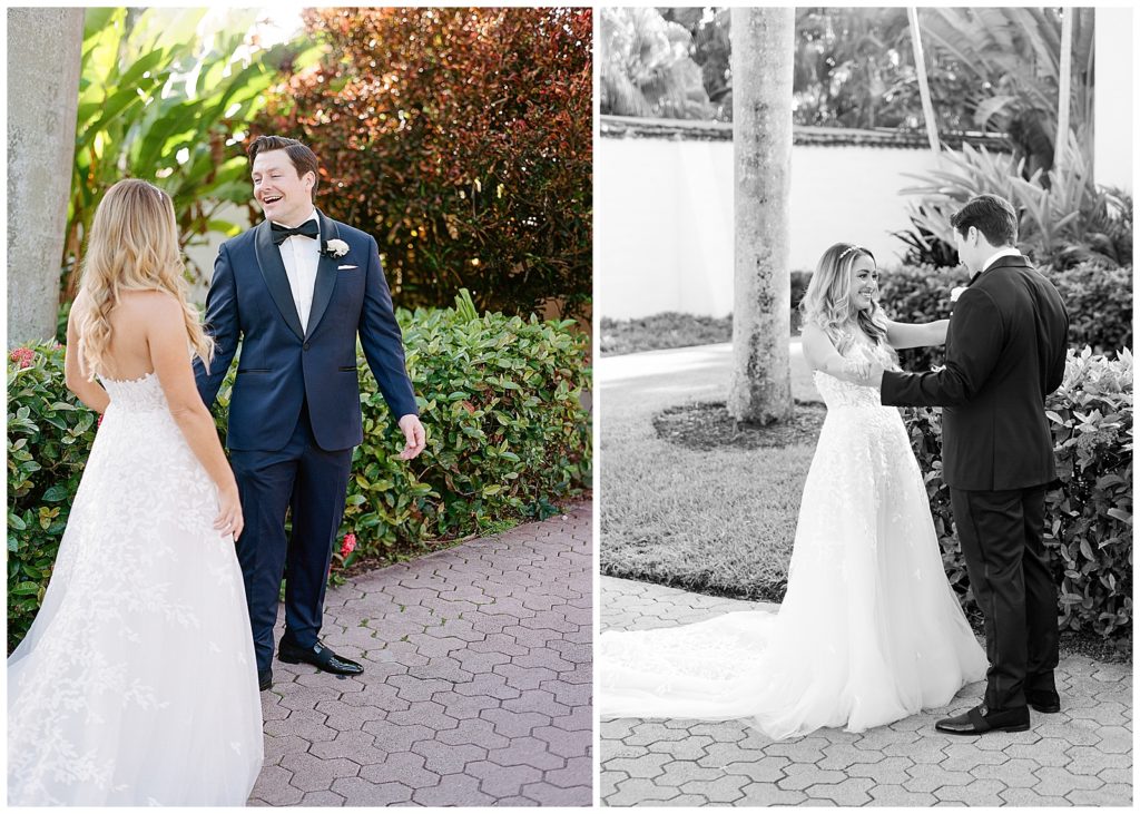 first look at Fisher Island wedding