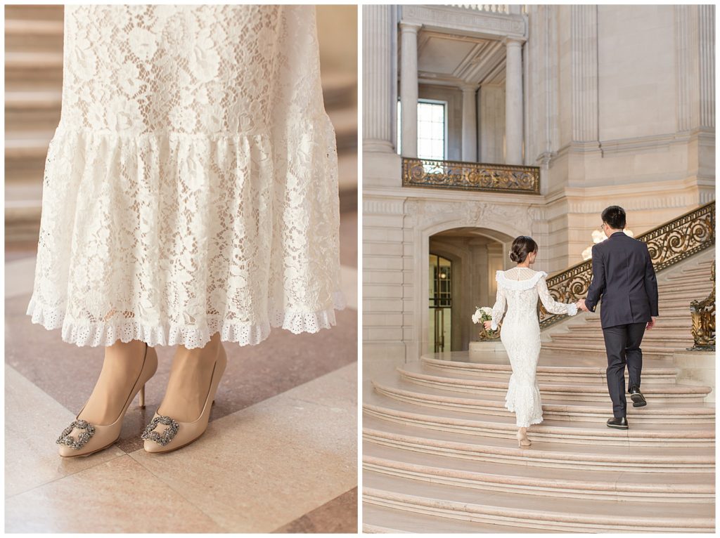 Couple ascending the SF City hall staircase with lace dress