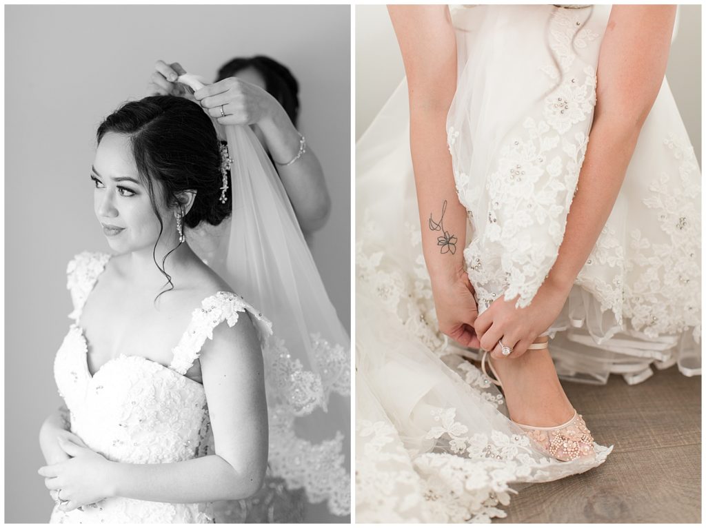bride putting on bella belle shoes on wedding day