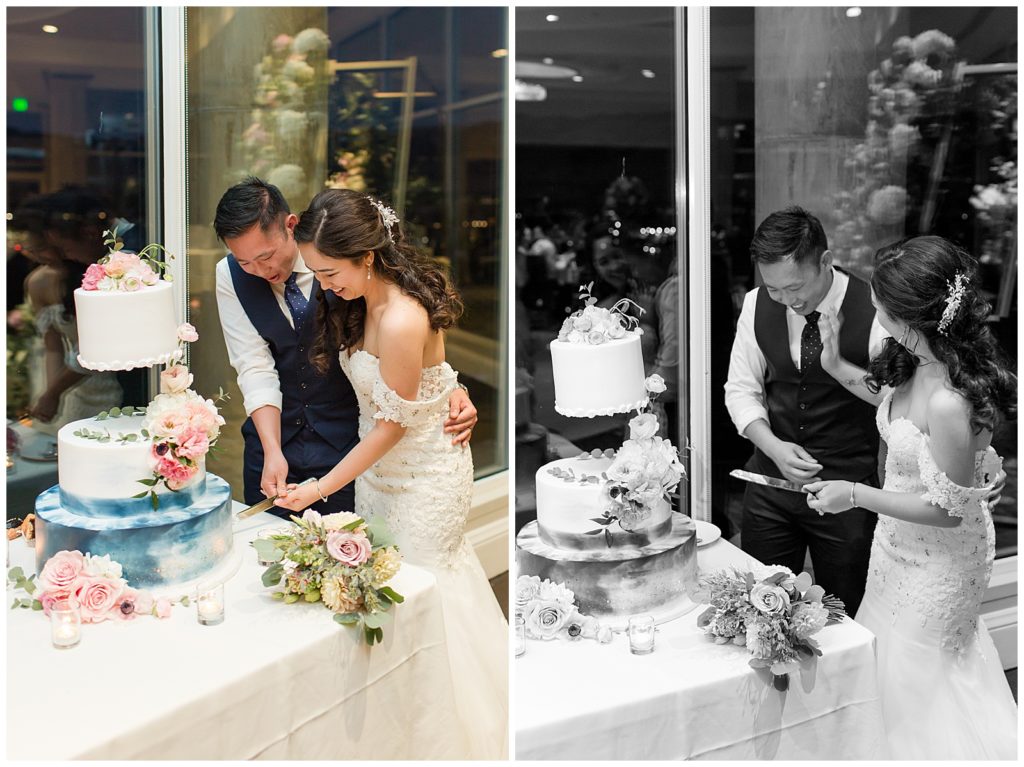 couple cutting Euro Delights Bakery cake on wedding day