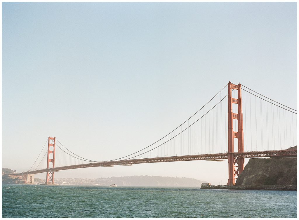 Golden Gate bridge photos at sunset for Cavallo Point Wedding with Oscar de la Renta gown