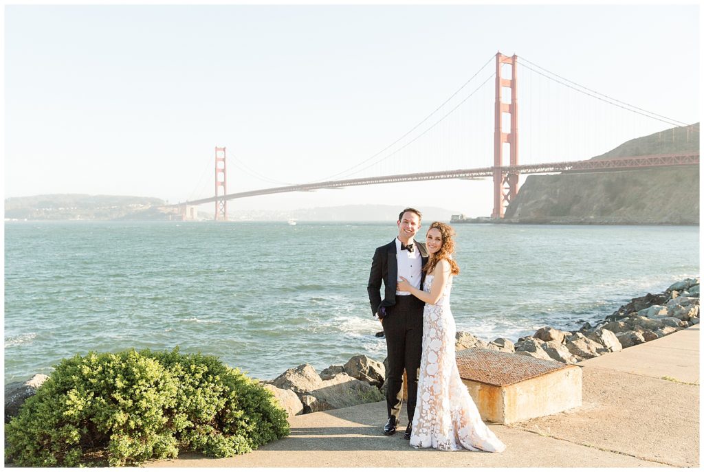 Golden Gate bridge photos at sunset for Cavallo Point Wedding with Oscar de la Renta gown