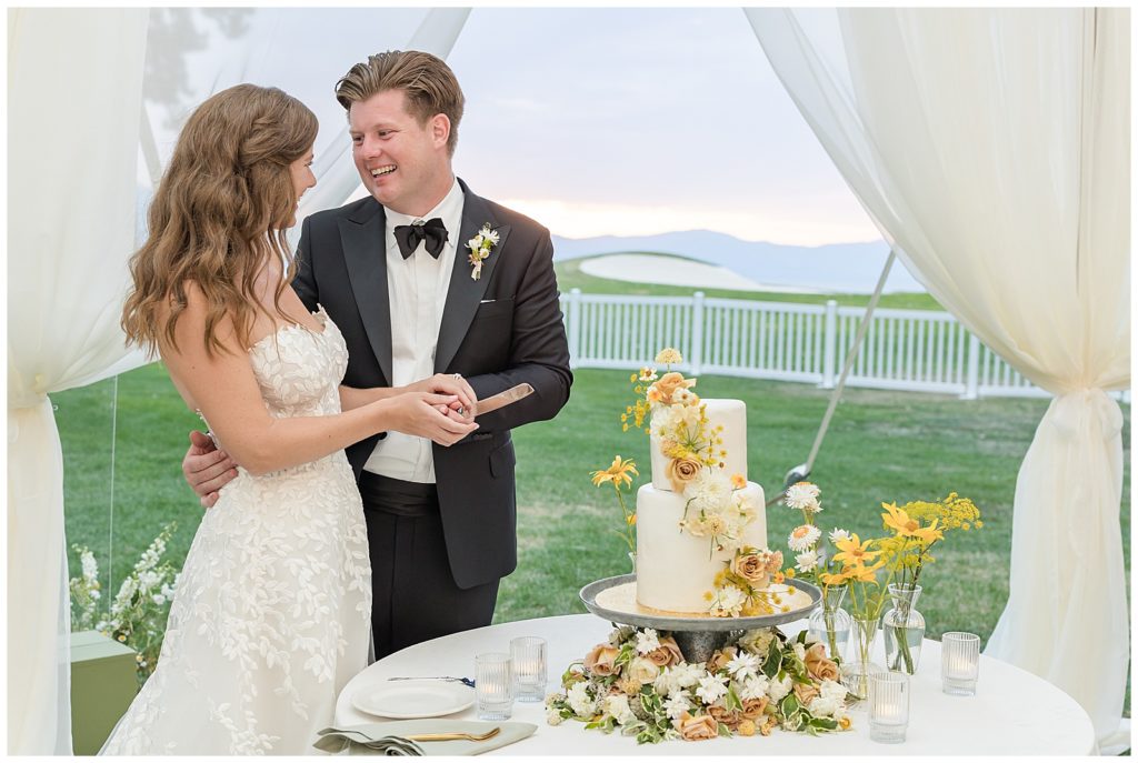Cake cutting with Tahoe Cakes by Grace for Edgewood Tahoe wedding