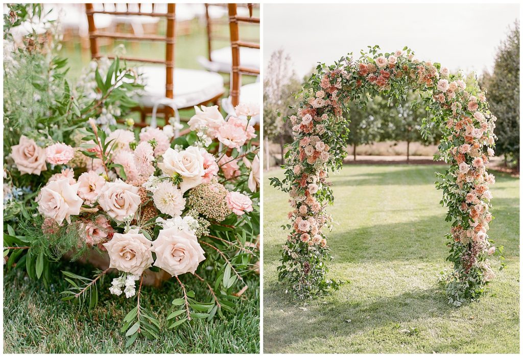 Floral arch with hues of orange and pink for Bear Flag Farm wedding 