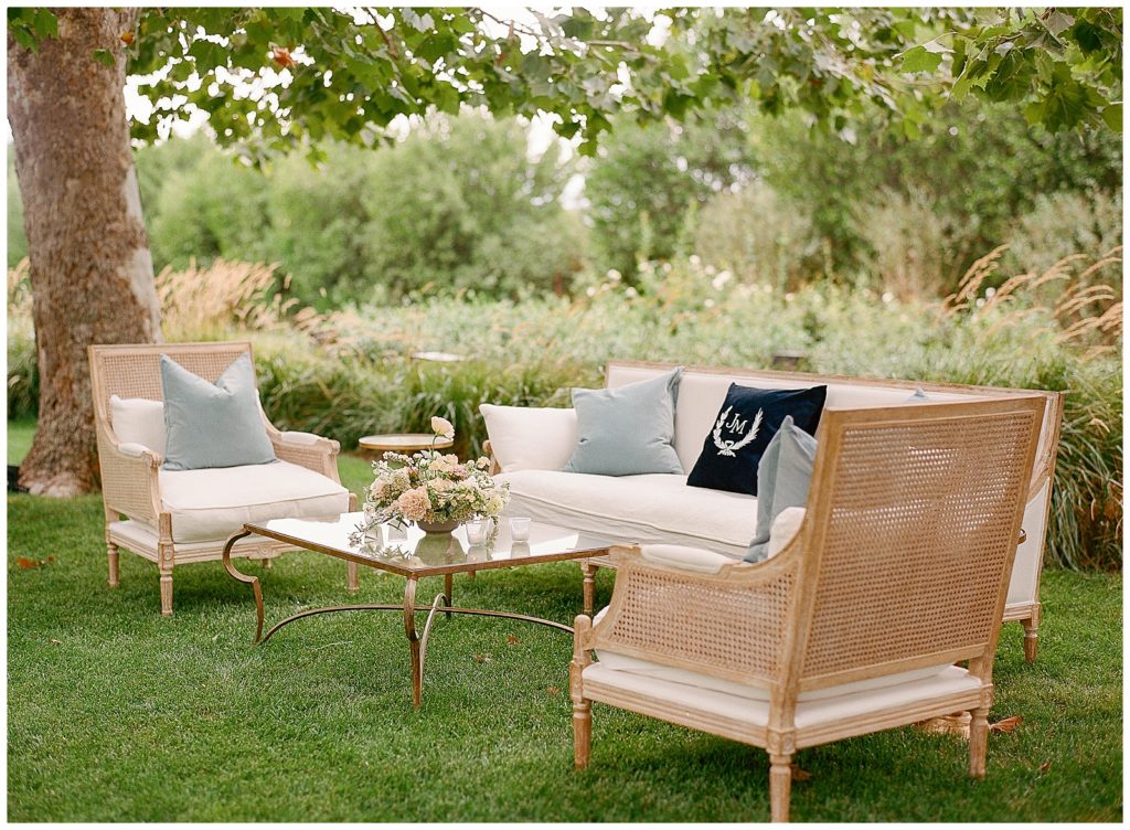 lounge area with Theoni pieces for Bear Flag Farm wedding