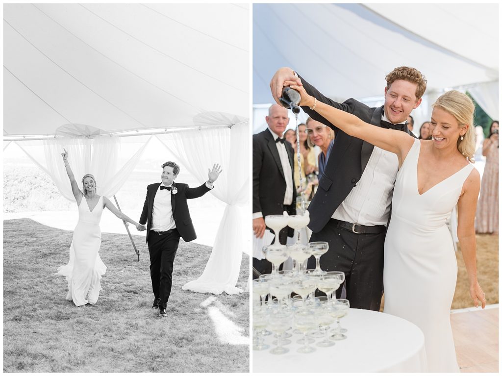 couple making entrance in sailcloth tent and champagne pour