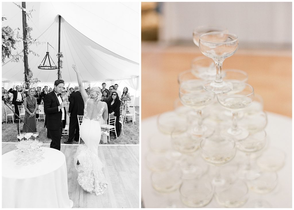 couple making entrance in sailcloth tent and champagne pour
