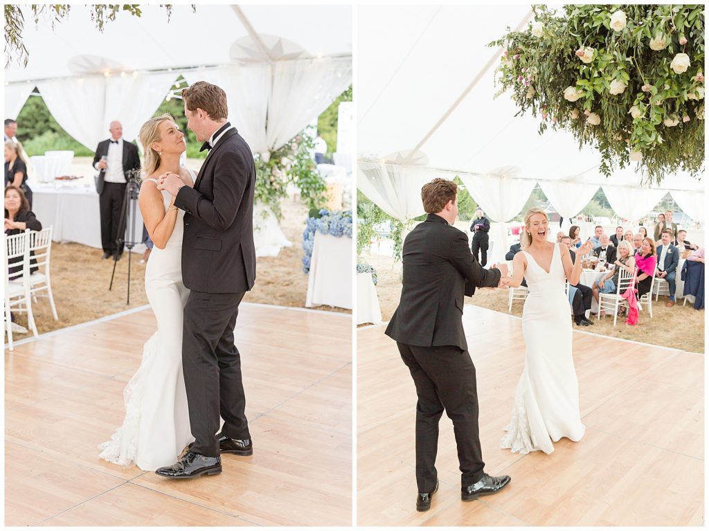 first dance under floral chandelier in sailcloth tent wedding on Bainbridge Island