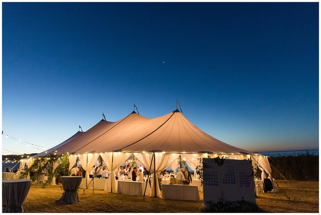 Sailcloth tent wedding at night on Bainbridge Island