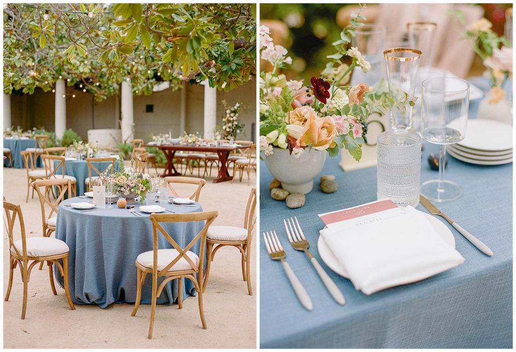 Wedding reception with blue accents and lush florals at Memory Garden Monterey