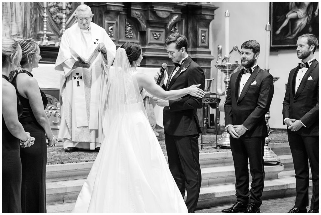 elegant black and white wedding at Carmel mission basilica 