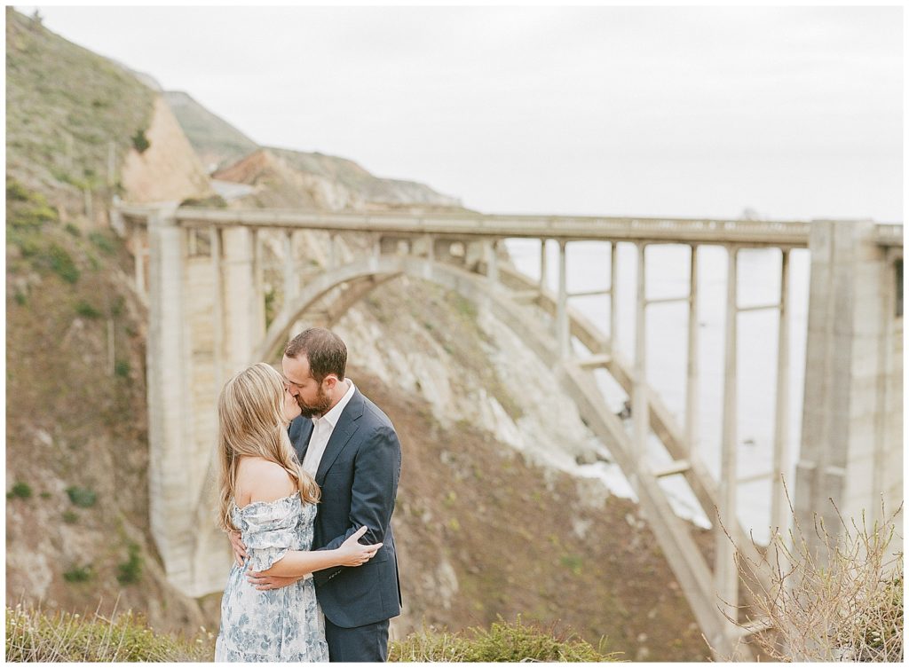 film engagement photos in Big Sur with blue floral dress