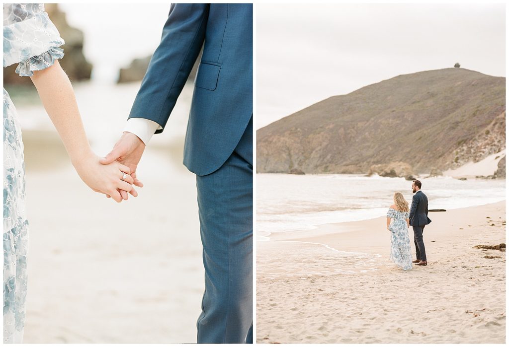 pfeiffer beach engagement photos on film with blue floral dress