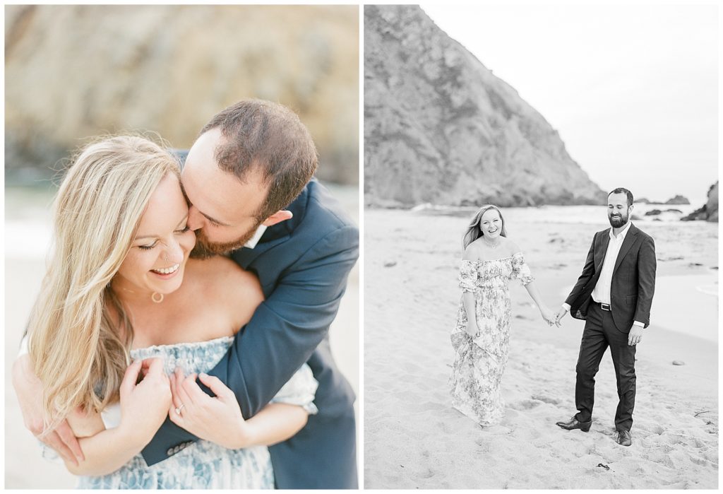 pfeiffer beach engagement photos on film with blue floral dress