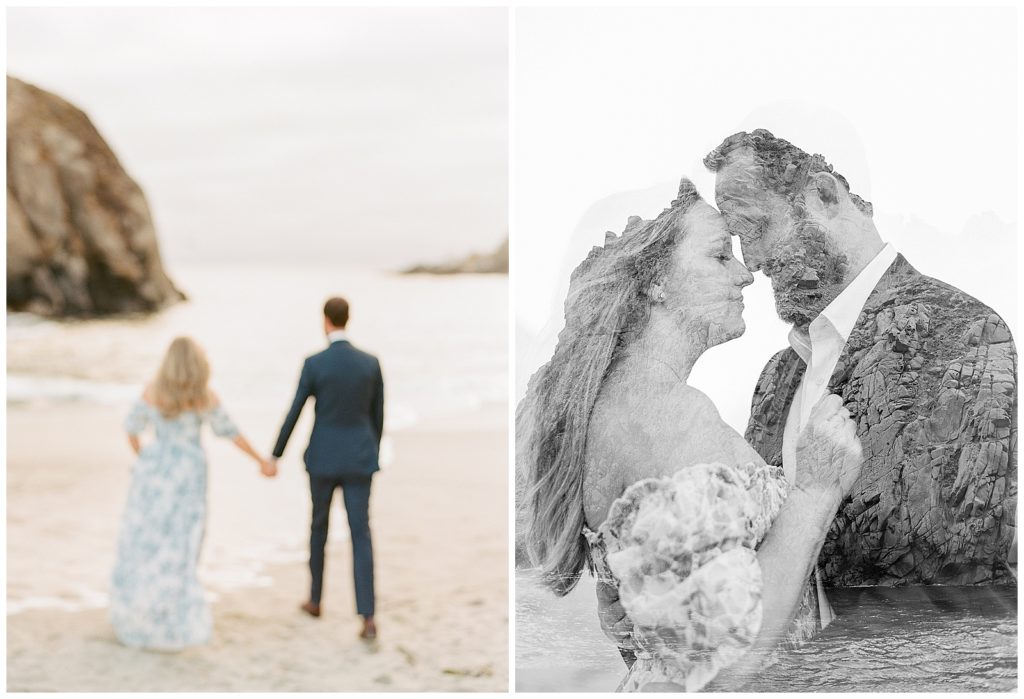 Double exposure on contax 645 - pfeiffer beach engagement photos on film with blue floral dress