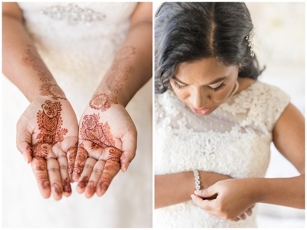 bride getting ready for wedding at Carneros resort with henna tatoo 