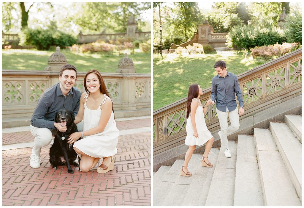 Central Park engagement photos with a dog at Bethesda Terrace