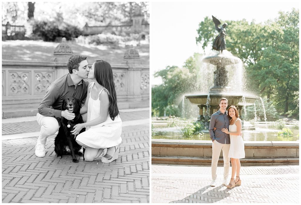 Central Park engagement photos with a dog at Bethesda Fountain