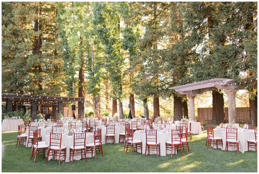 Wedding reception in the redwoods at Trentadue Winery with Mandy's Garden Design