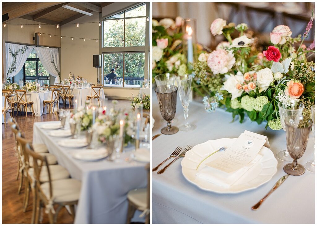 Wedding reception at Garden at Heather Farms with Pastel tones and pops of pink