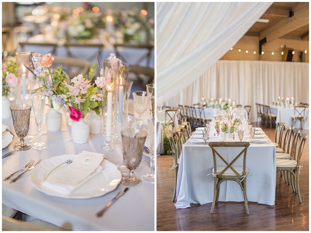 Wedding reception at Garden at Heather Farms with Pastel tones and pops of pink
