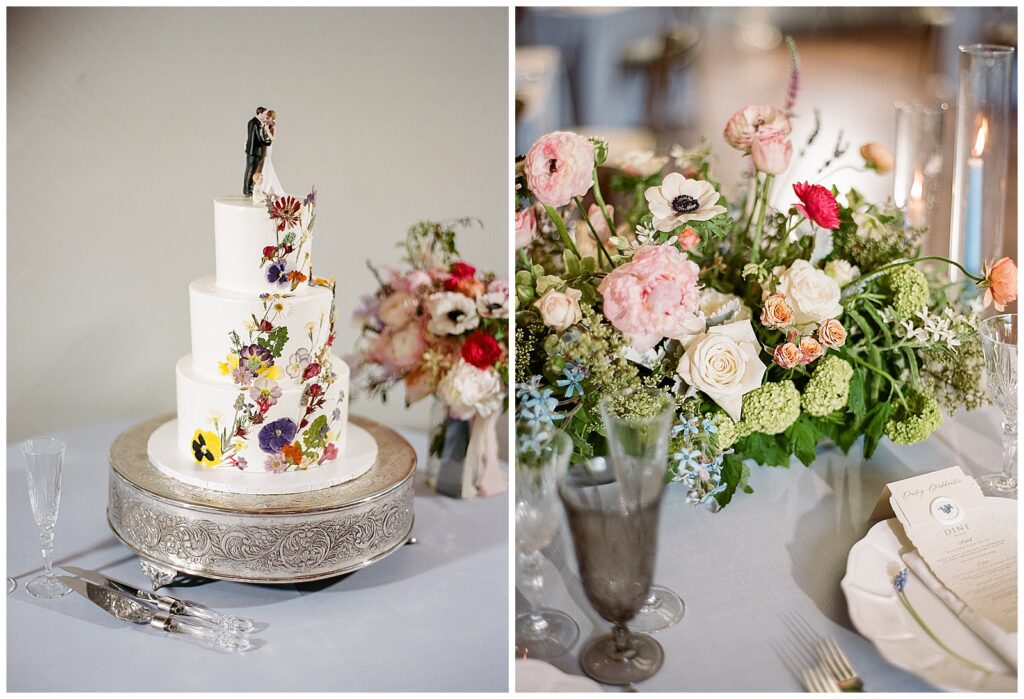 Three tiered wedding cake with dried florals cascading