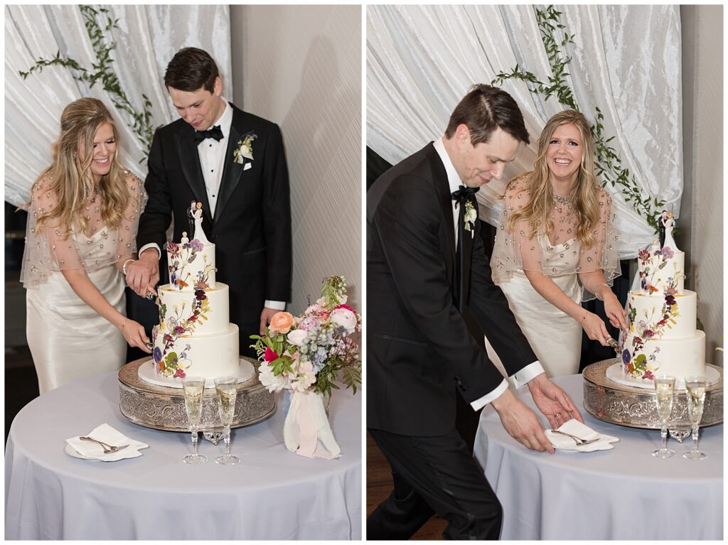 Couple cutting wedding cake at Garden at Heather Farms wedding