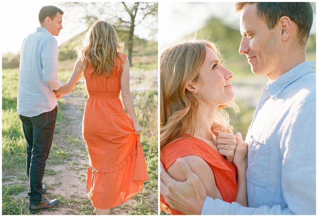 film engagement photos with orange dress