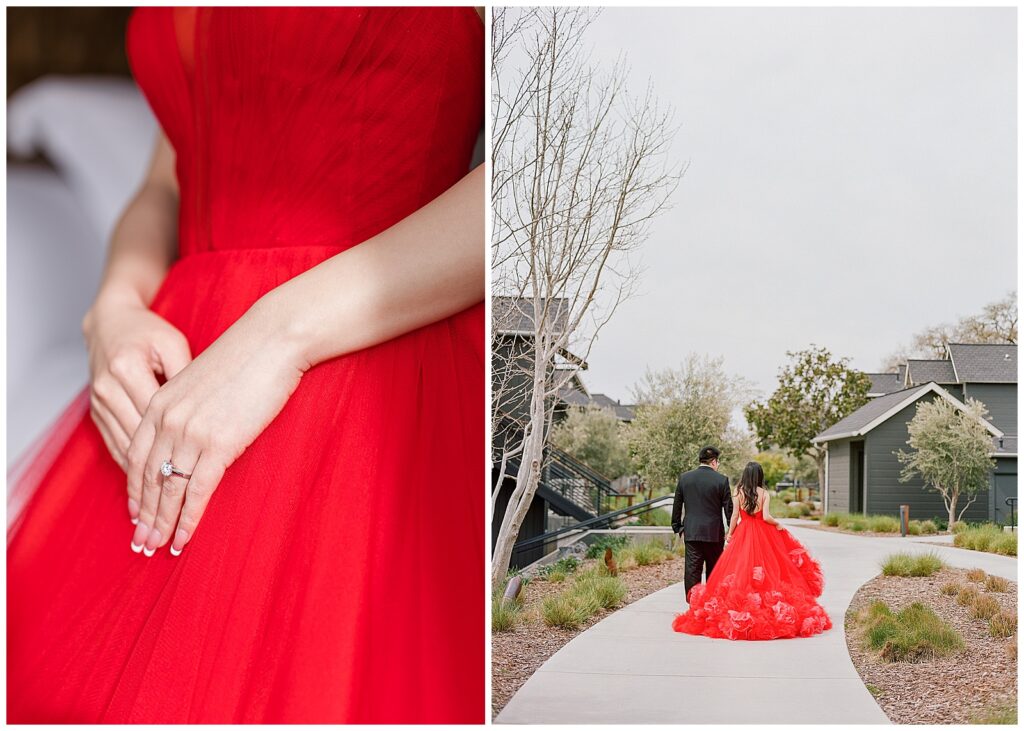 Red tea ceremony dress with ruffles