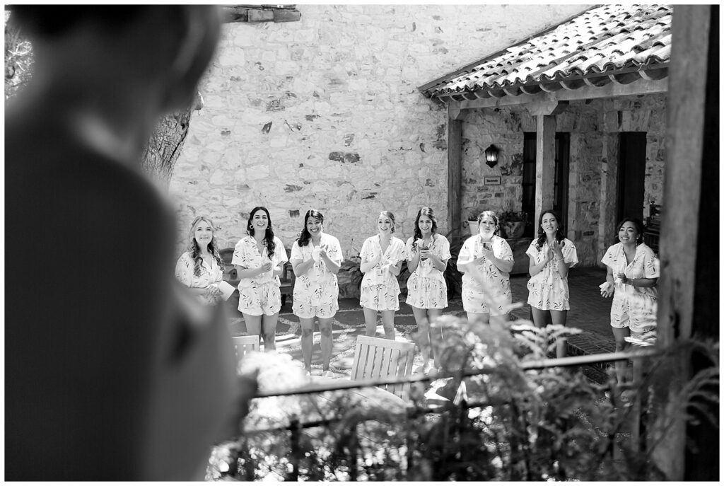 first look with bridesmaids at Holman Ranch