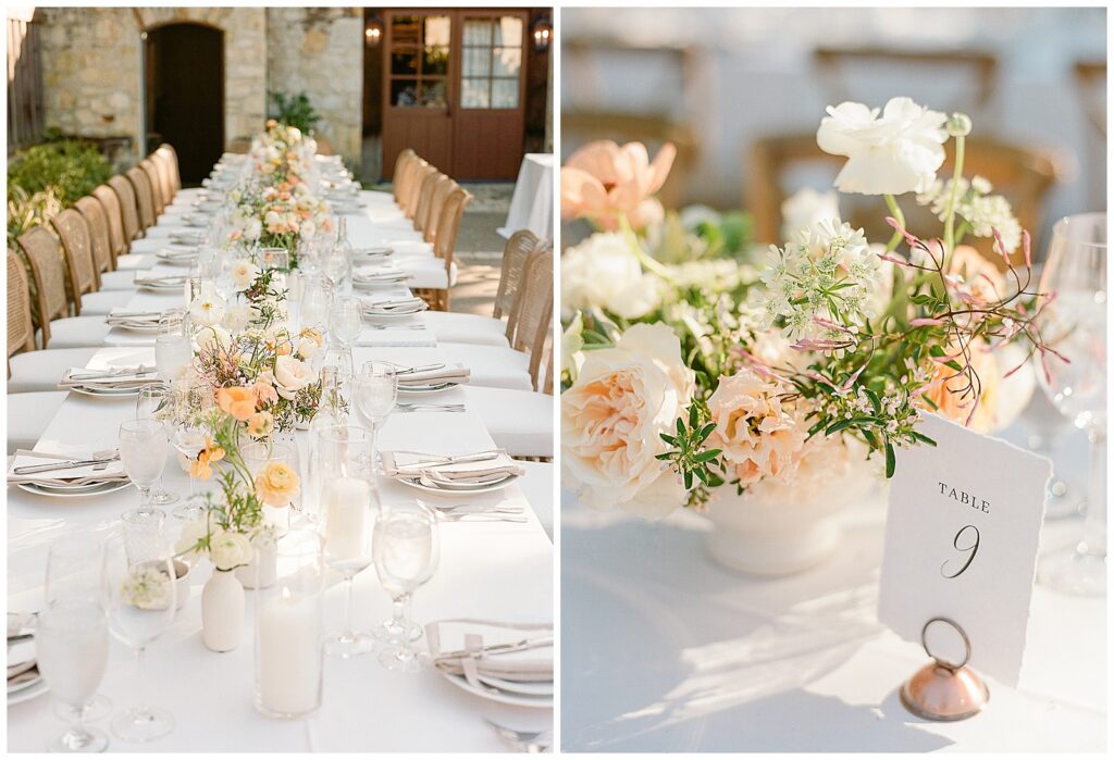 spring wedding reception with yellow and orange florals at Holman Ranch