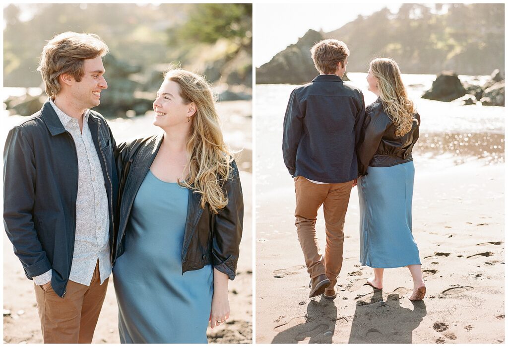 Muir Beach engagement photos with blue silk dress